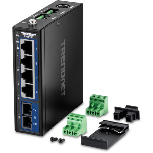 TRENDnet TI-G51SC 5-Port Unmanaged Switch, 4 gigabit ports & 1 Gigabit multi-mode fiber SC ports, 10Gbps switching capacity, DIN-rail/wall mount